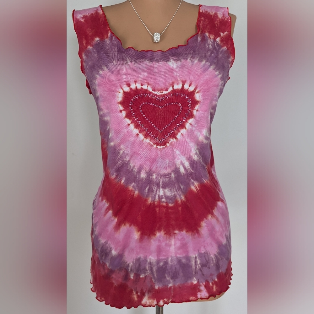 Santiki, Large, Tie Dye, pink & purple, tank top with beaded heart, vintage